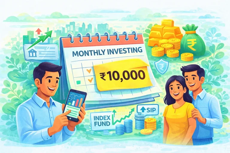 how to invest 10000 per month in India beginner monthly investment strategy using SIP mutual funds stocks and gold
